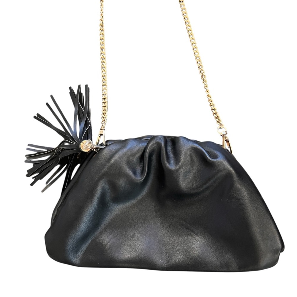 Understated Faux Leather Black Ruched Frame Clutch Pouch Handbag with Gold Chain